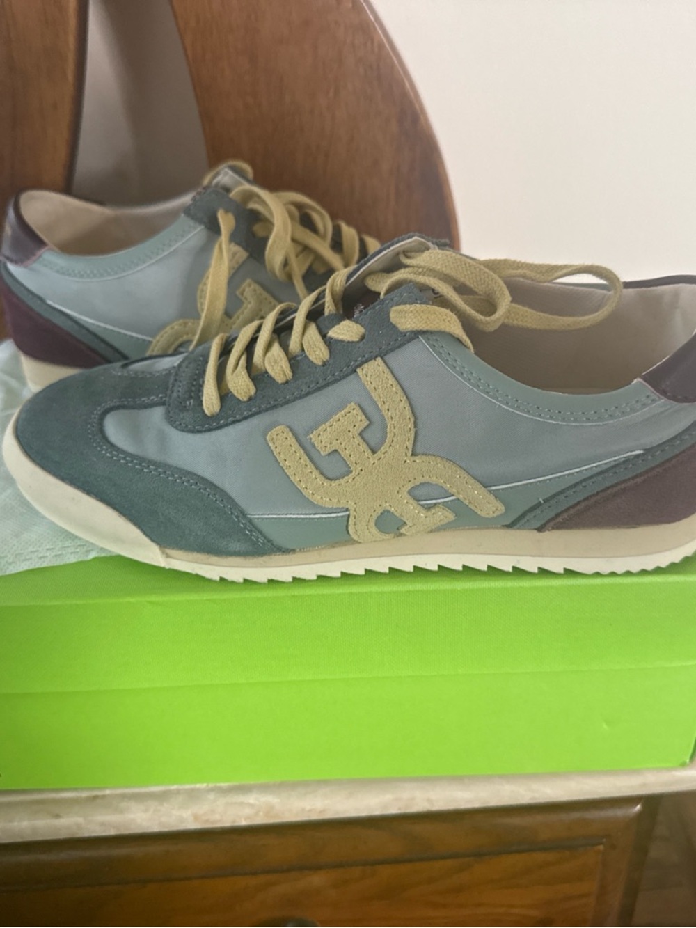 Sam Edelman Light Blue Suede & Nylon Logo Sneakers with Beige Accent